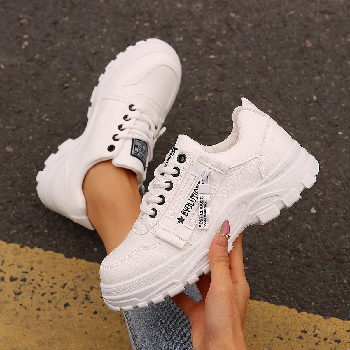 Gillian – Lace-Up Sneakers with Side Zipper and Thick Sole