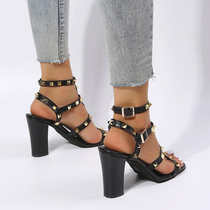 Brenda – Studded Buckle Sandals with Square Toe and High Heels