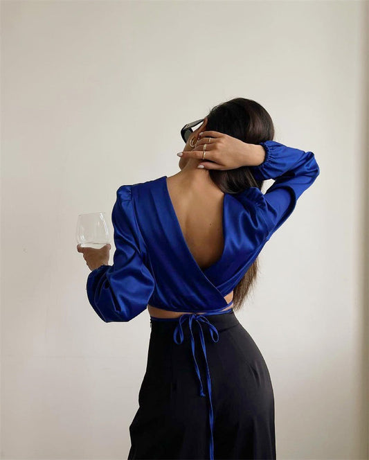 Caroline – Backless Long Sleeve Top with Lace-Up
