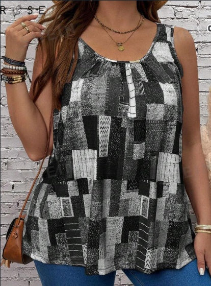 Alison – Plus Size Women's Summer Tank Top with Geometric Print and Pleats