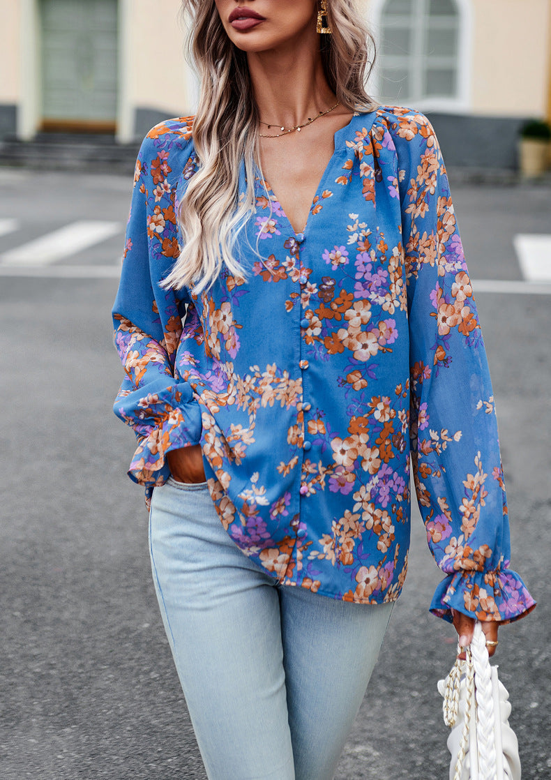Karen – Elegant Women's Blouse with Floral Print and V-Neck