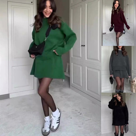 Heather – Elegant Knit Set with Skirt for Women, Two-Piece Long Sleeve