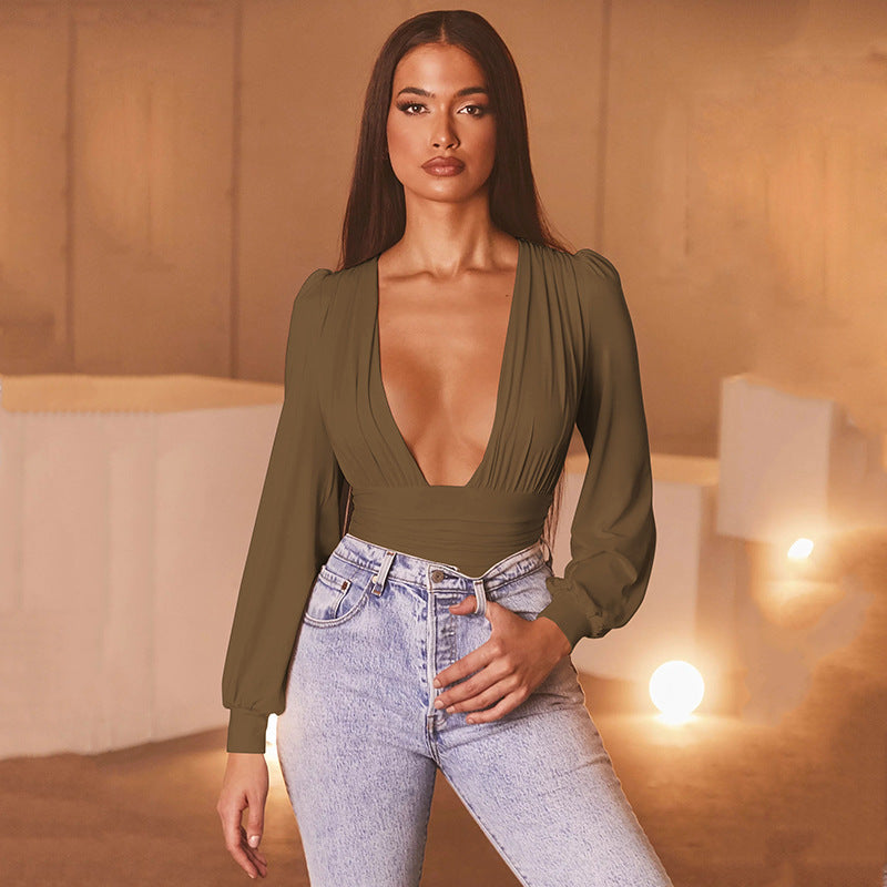 Gillian – Sexy Long Sleeve Bodysuit with Deep V-Neck and Waist