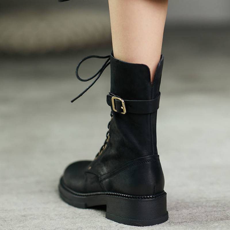 Ann – Mid-Tube Velvet Lace-Up Boots with Thick Heel