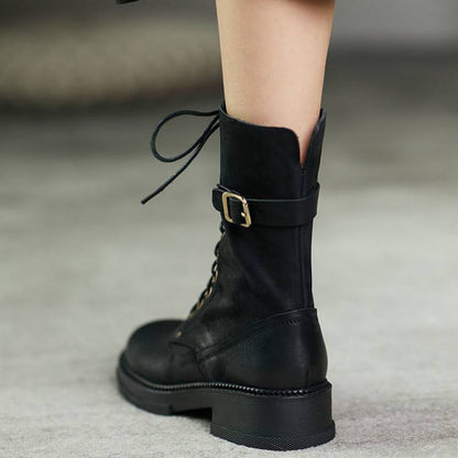 Ann – Mid-Tube Velvet Lace-Up Boots with Thick Heel