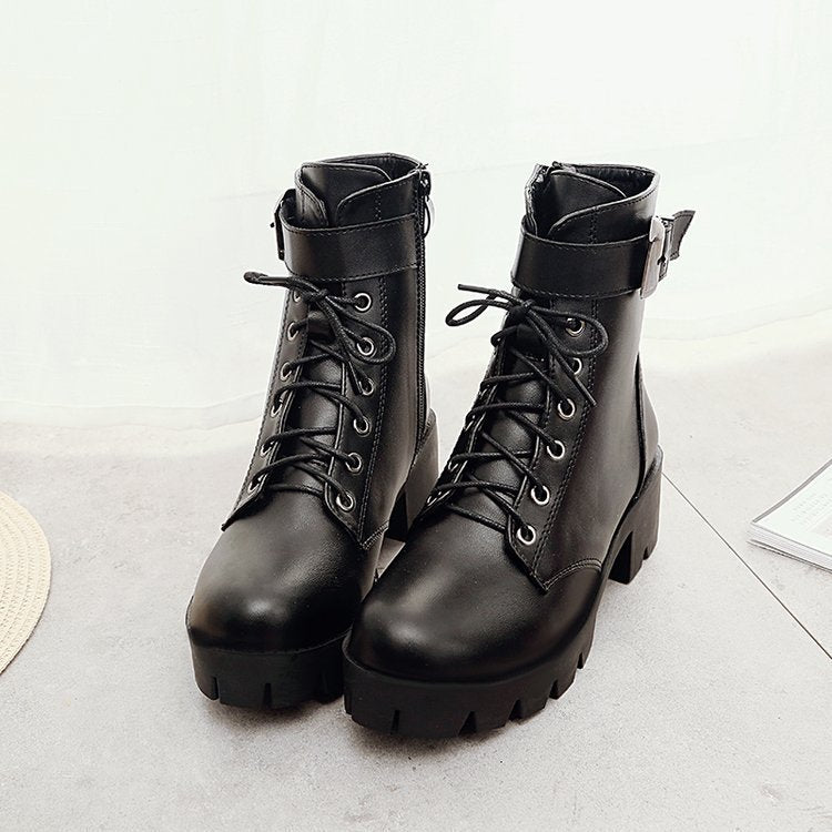 Jacqueline – Lace-Up Boots with Buckle and Thick Sole