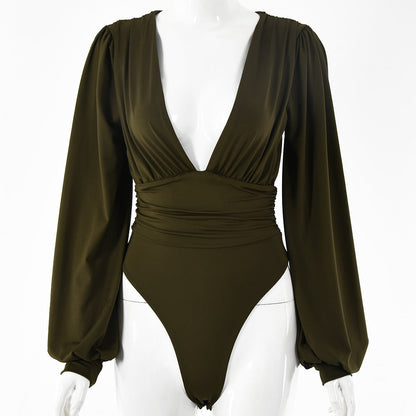Gillian – Sexy Long Sleeve Bodysuit with Deep V-Neck and Waist