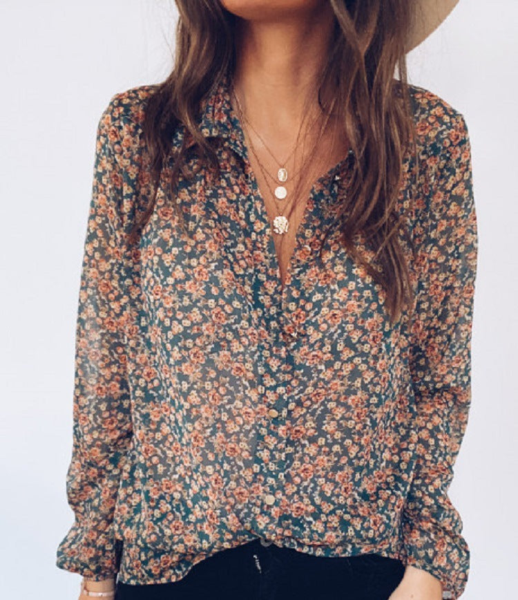 Rachael – Long-Sleeve Chiffon Blouse with Floral Pattern