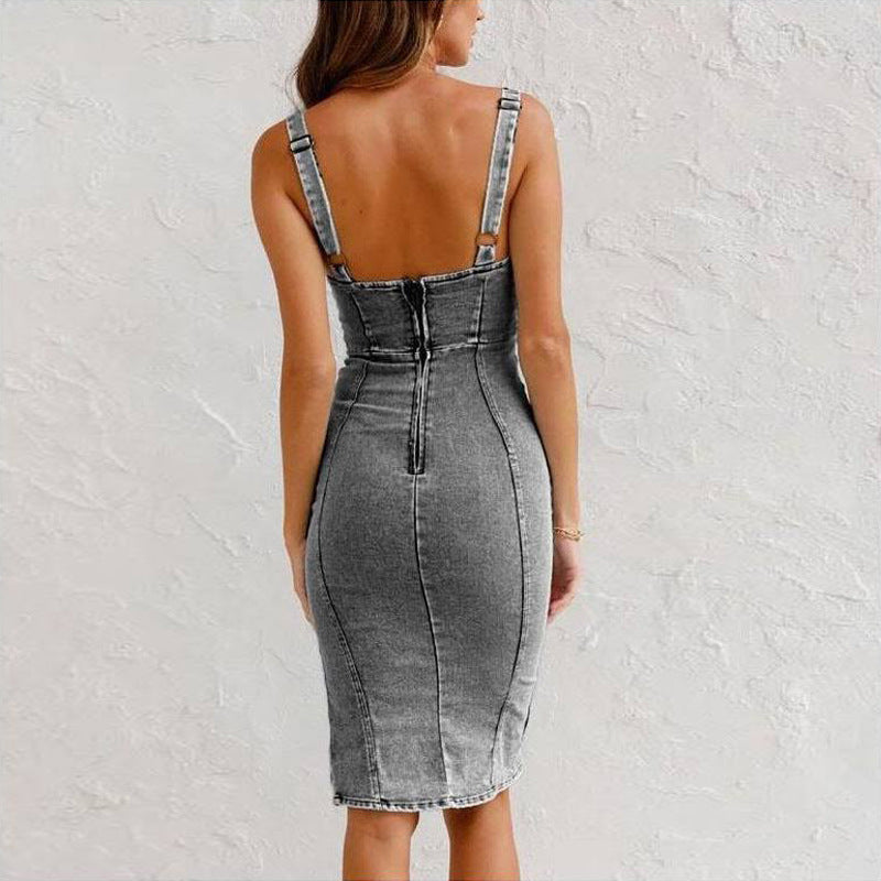 Ruby – Summer Women's Denim Dress with Strap and Slit Design