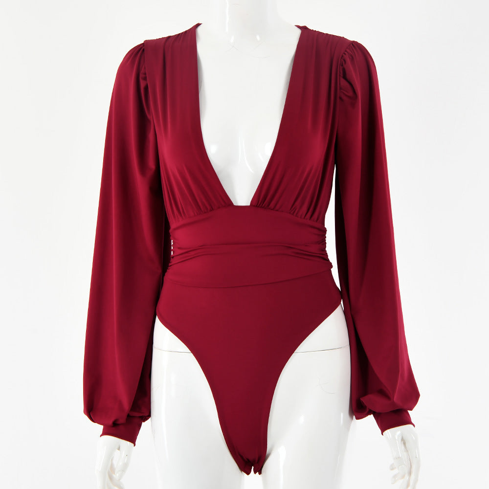 Gillian – Sexy Long Sleeve Bodysuit with Deep V-Neck and Waist