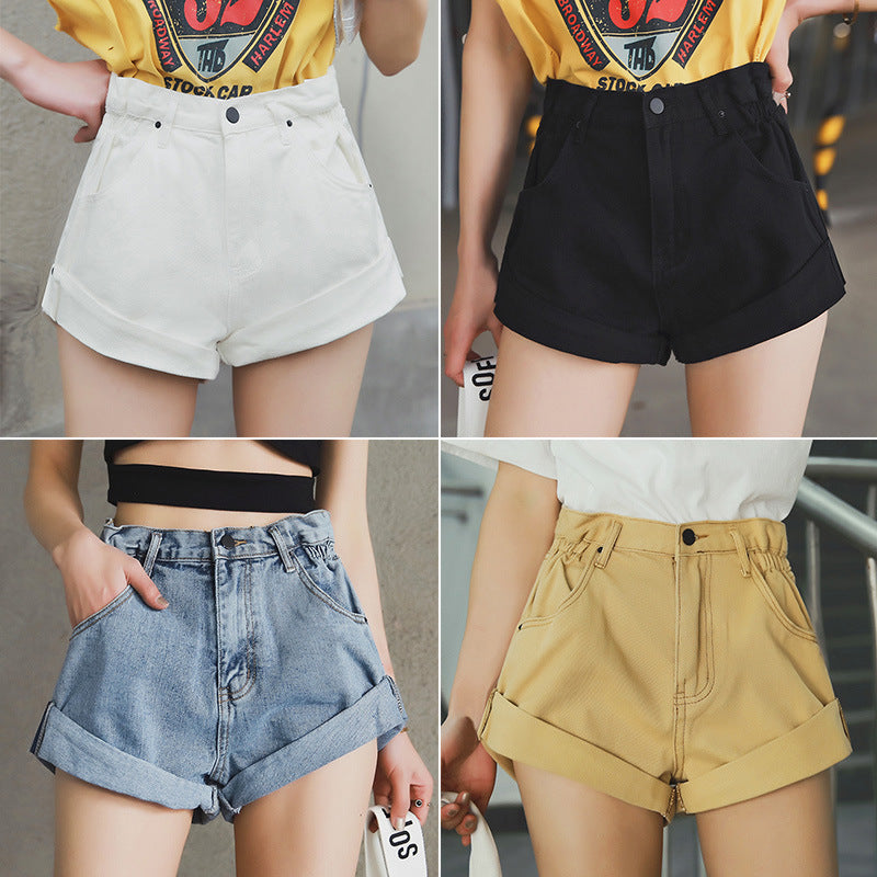 Deborah – High-Waisted Denim Shorts with Elastic Waistband and Wide Legs