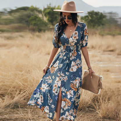 Angela – Floral Summer Beach Dress with V-Neck and Elastic Waist