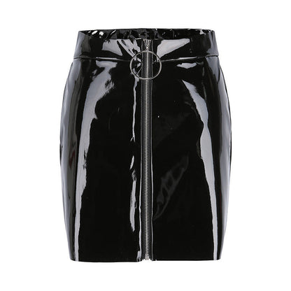 Adele – Short Skirt with Ring Zipper in Premium Glossy Vegan Leather