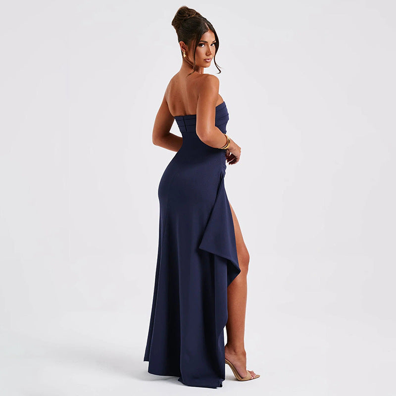 Melanie – Strapless Long Dress with Slit and Pleats