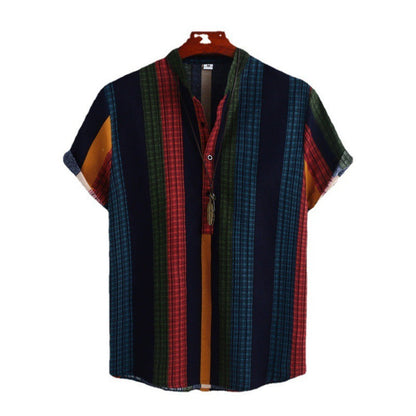 Robin – Ethnic Style Striped Cotton-Linen Shirt with Stand Collar and Short Sleeves