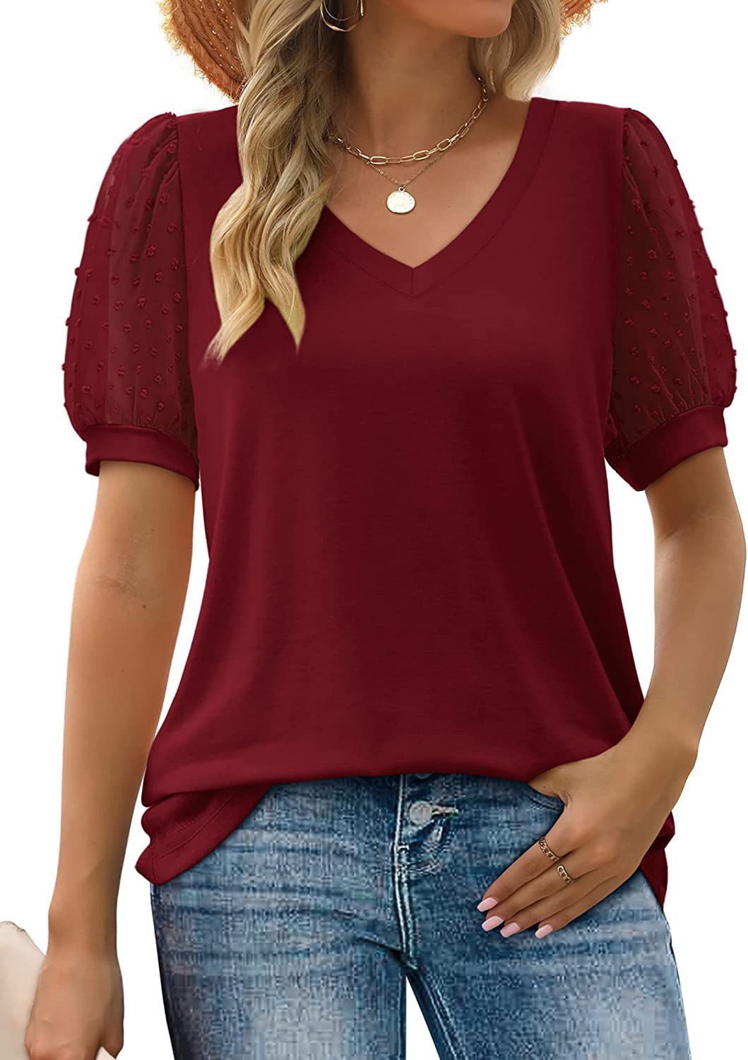 Susan – Summer T-Shirts with Puff Sleeves and V-Neck