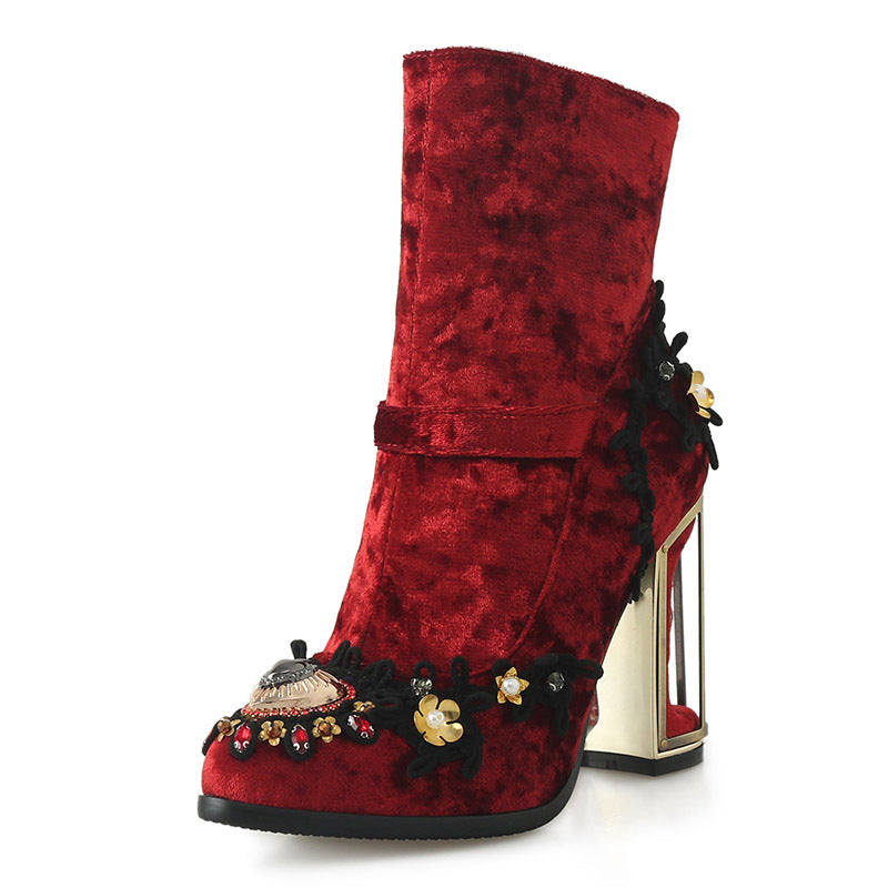 Amelia – Embroidered Women's Boots with Pearl Accents and Zipper