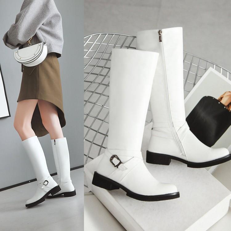 Catherine – Flat Knee-High Vegan Leather Boots with Buckle