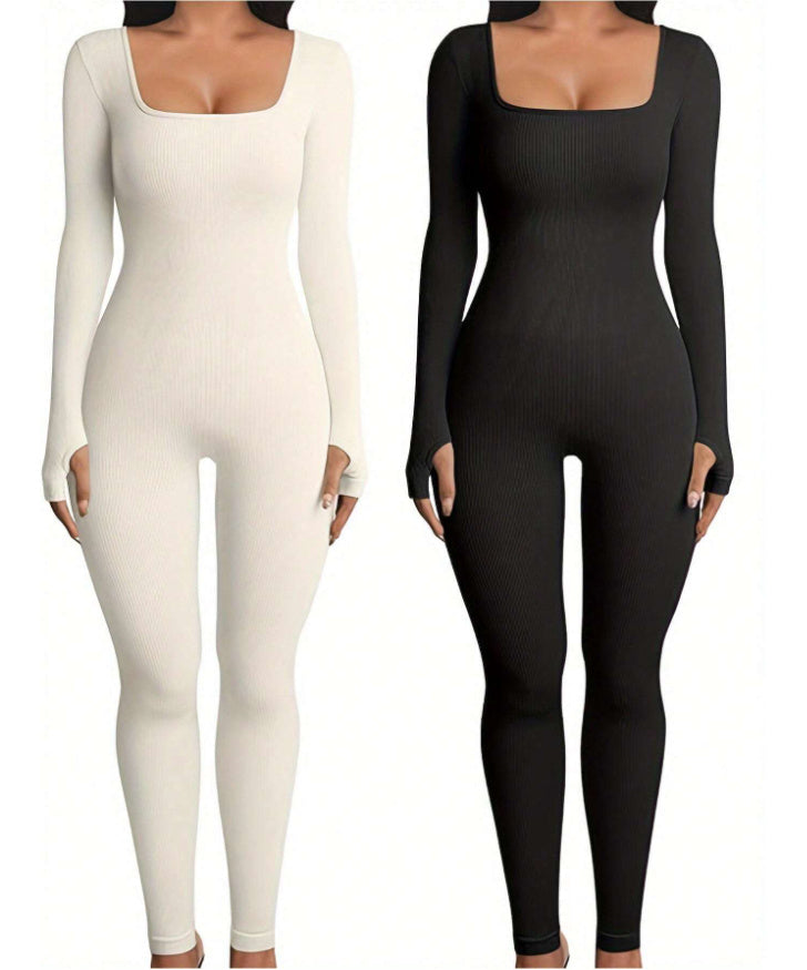 Hannah – Stylish Fitness Jumpsuit with Long Sleeves and Square Neckline