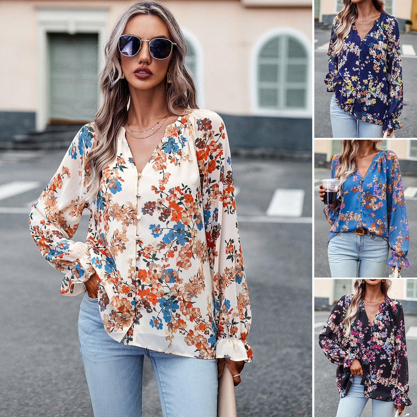 Karen – Elegant Women's Blouse with Floral Print and V-Neck