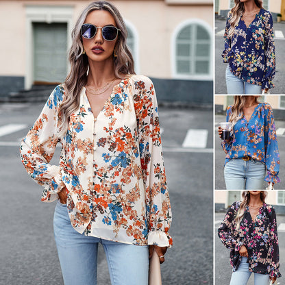 Karen – Elegant Women's Blouse with Floral Print and V-Neck