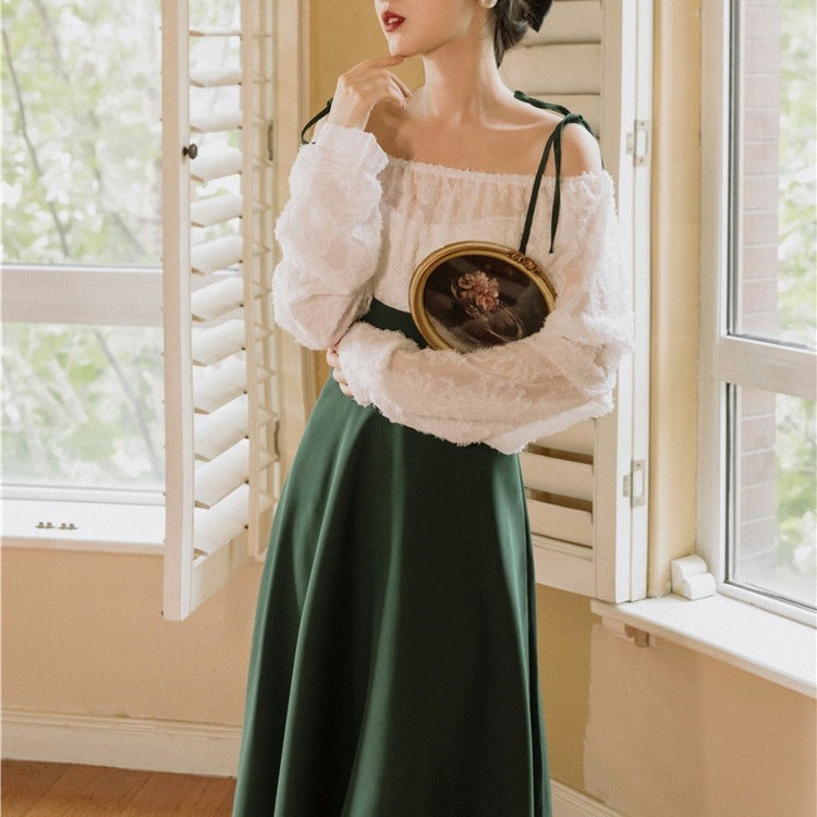Jessie – Elegant Long-Sleeve Top with Suspender Skirt