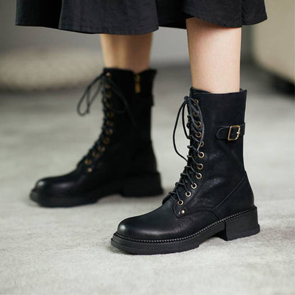 Ann – Mid-Tube Velvet Lace-Up Boots with Thick Heel