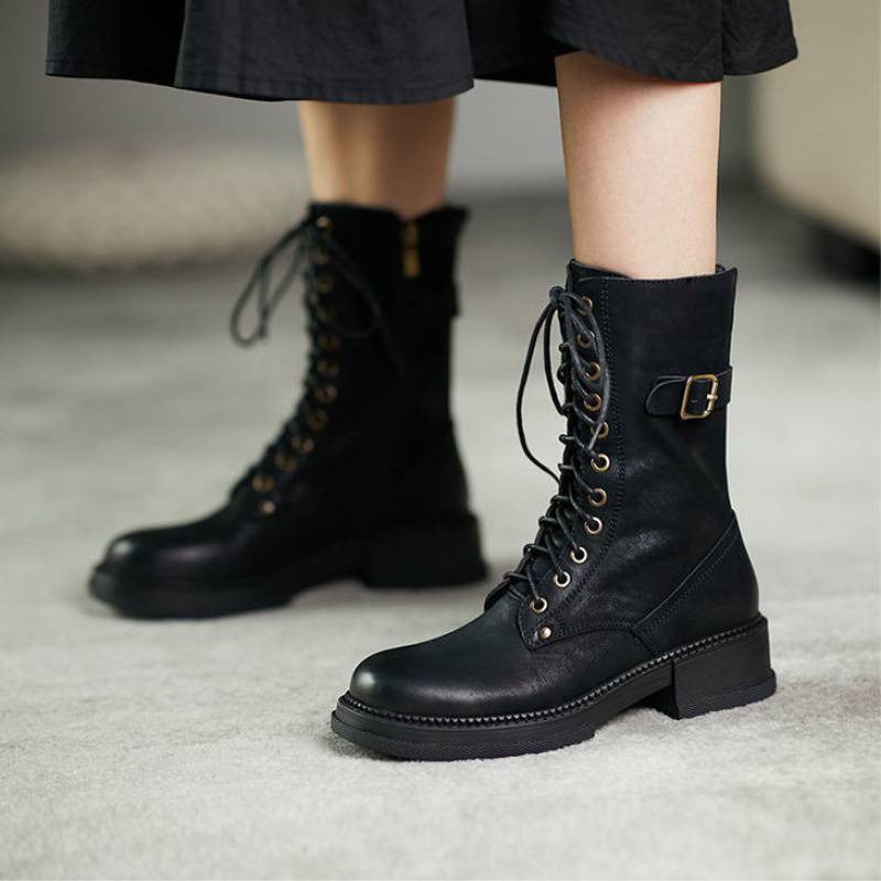 Ann – Mid-Tube Velvet Lace-Up Boots with Thick Heel