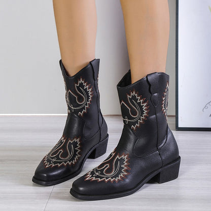 Joan – Embroidered Western Boots with Chunky Heel