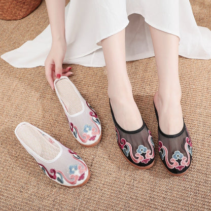 Michelle – Embroidered Cotton Mules in Retro Style