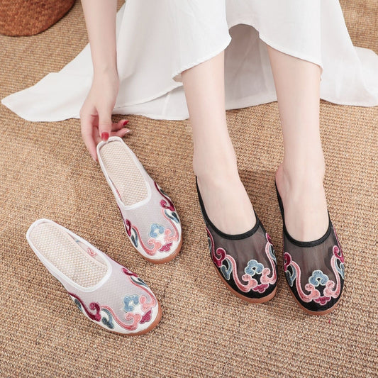 Michelle – Embroidered Cotton Mules in Retro Style