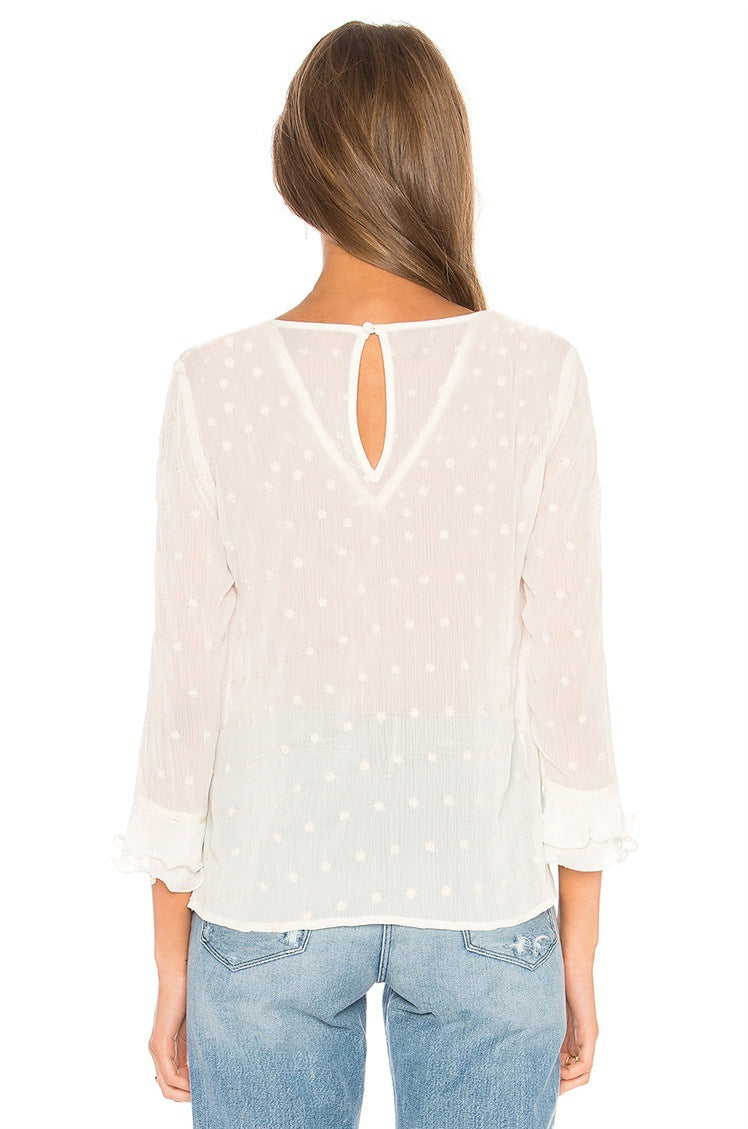 Abigail – Casual Women's Blouse with Ruffles and Lace Polka Dots