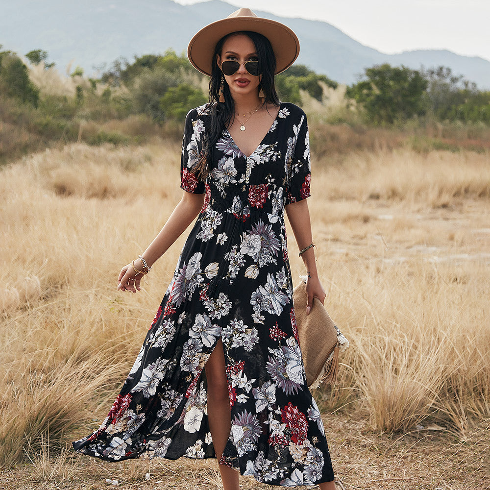 Angela – Floral Summer Beach Dress with V-Neck and Elastic Waist