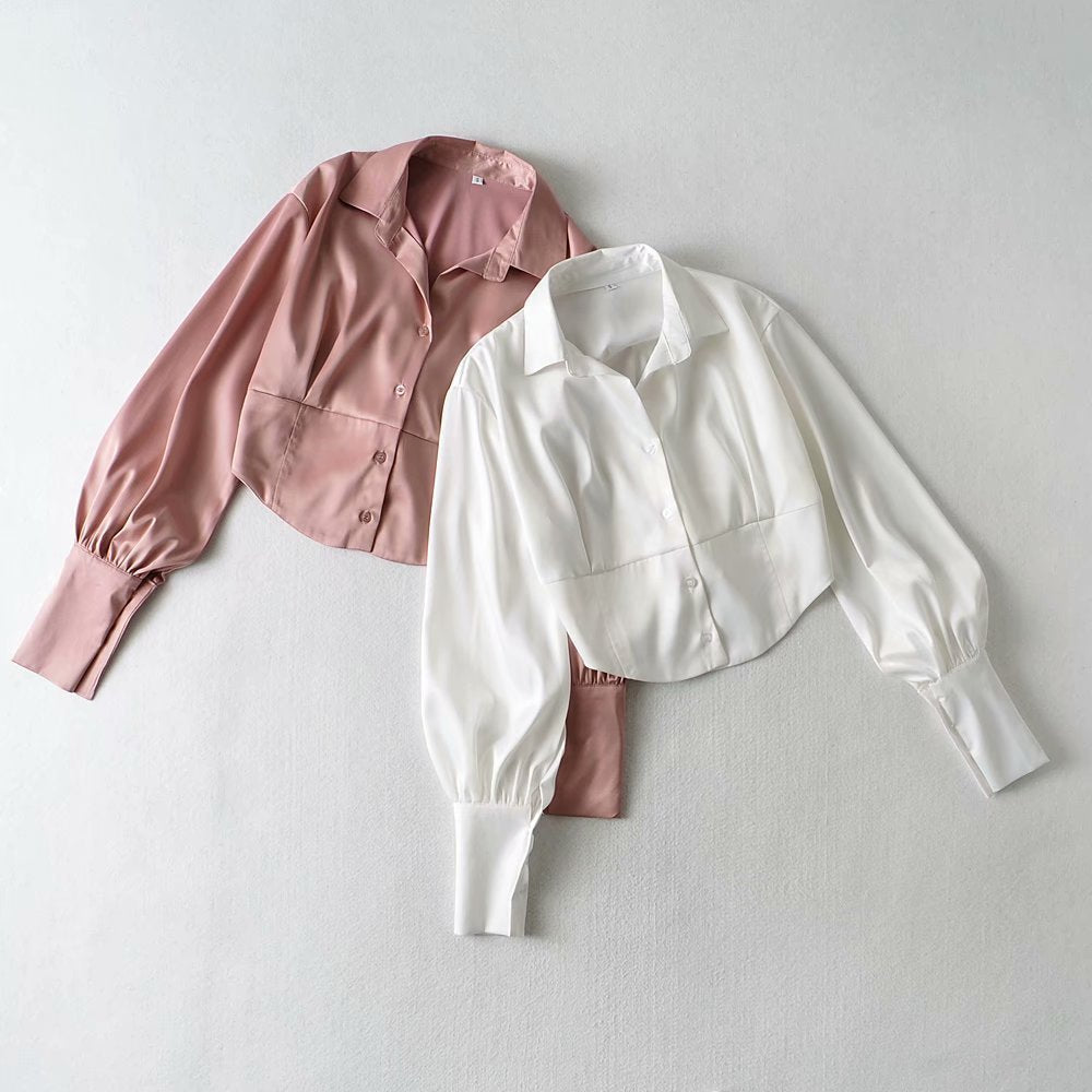 Lydia – Women's Satin Shirt with Lace-Up and Lantern Sleeves