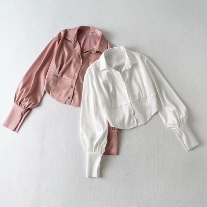 Lydia – Women's Satin Shirt with Lace-Up and Lantern Sleeves