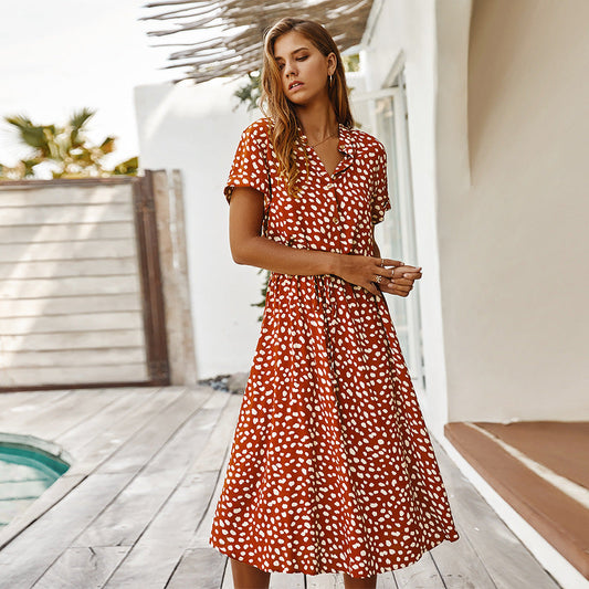 Sara – Short Women's Dress with Wave Dot Pattern and Collar