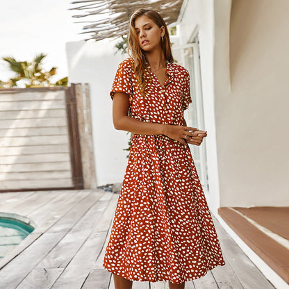 Sara – Short Women's Dress with Wave Dot Pattern and Collar