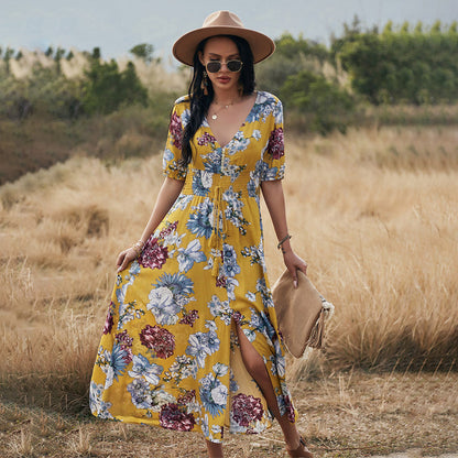Angela – Floral Summer Beach Dress with V-Neck and Elastic Waist