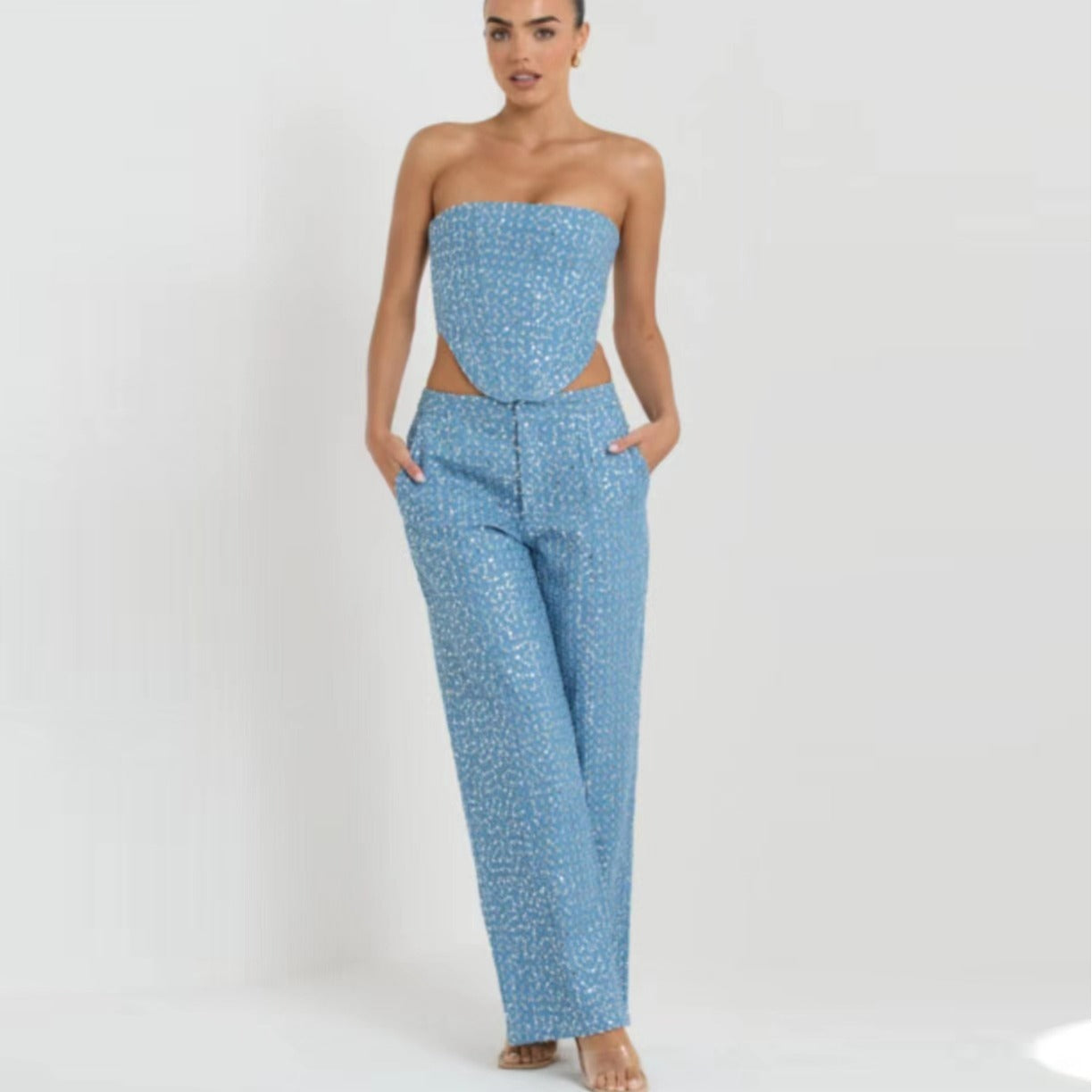Melanie – Fashionable Denim Sequin Tube Top with Wide Pants