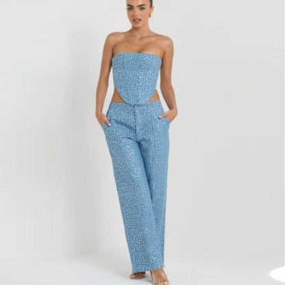 Melanie – Fashionable Denim Sequin Tube Top with Wide Pants