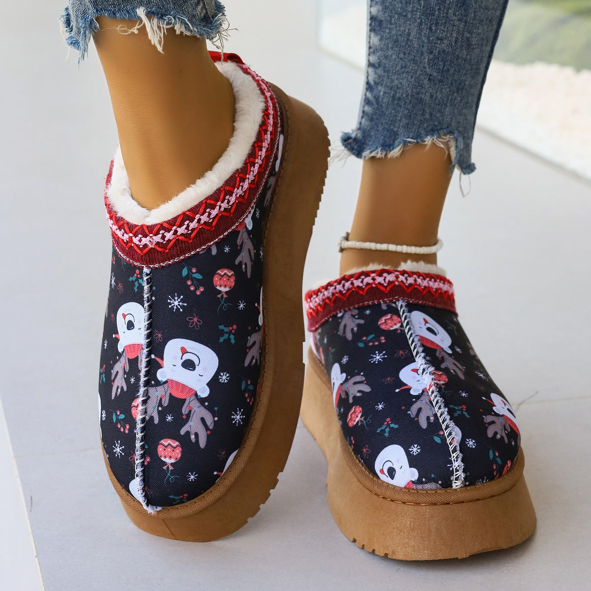 Tanya – Cartoon Christmas Print Ankle Boots with Plush Lining