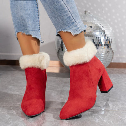 Elizabeth – Fashionable Plush Ankle Boots with Check Pattern and Square Heel