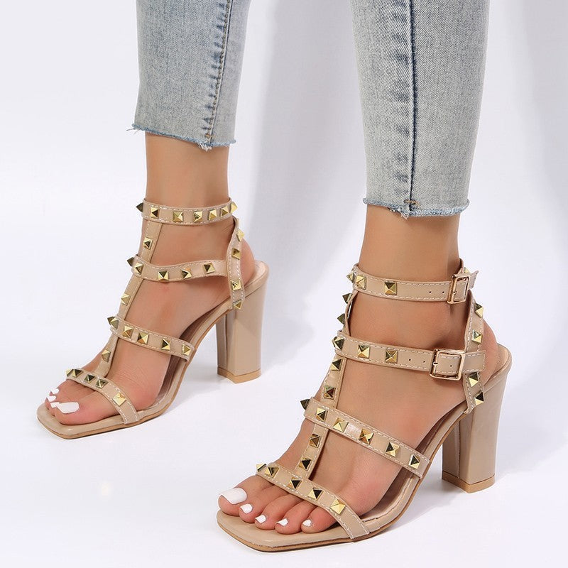 Brenda – Studded Buckle Sandals with Square Toe and High Heels