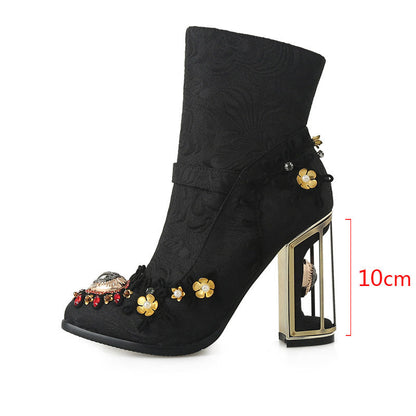 Amelia – Embroidered Women's Boots with Pearl Accents and Zipper