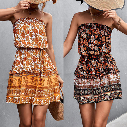 Lucy – Strapless Bohemian Floral Print Summer Beach Dress