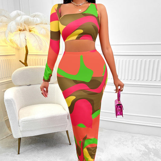 Kathleen – Asymmetrical One-Shoulder Skirt Set with Print