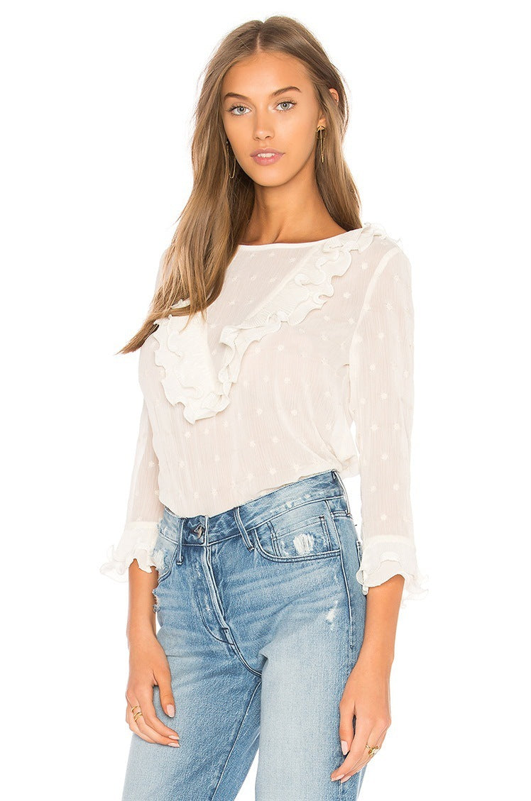Abigail – Casual Women's Blouse with Ruffles and Lace Polka Dots
