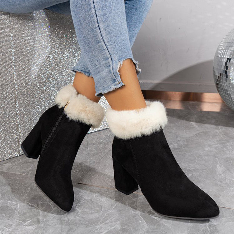 Elizabeth – Fashionable Plush Ankle Boots with Check Pattern and Square Heel