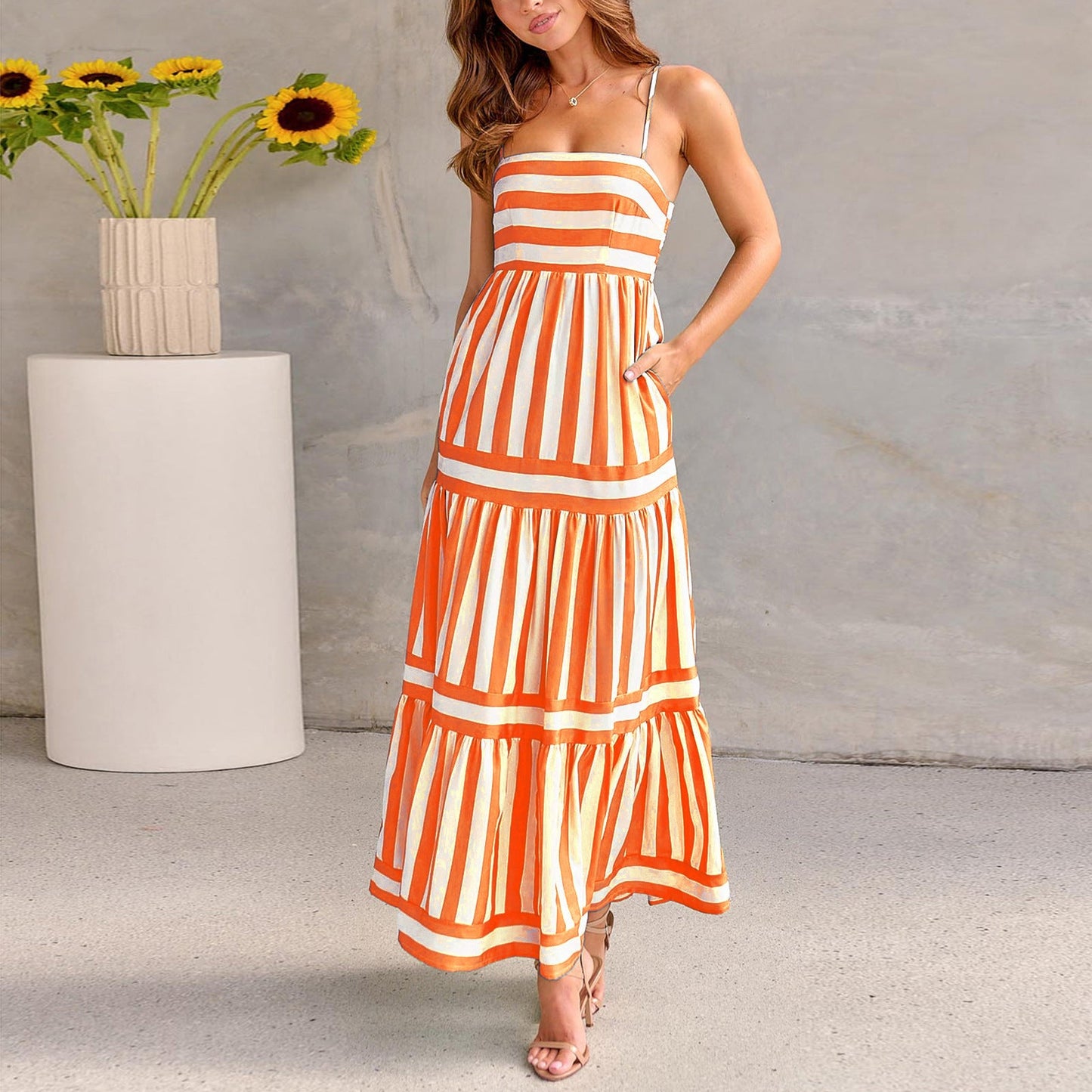 Vanessa – Striped Maxi Dress with Straps and Pockets for Beach Holidays