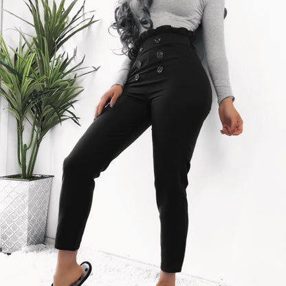 Helen – Elegant Slim Pants with Lace Button Design